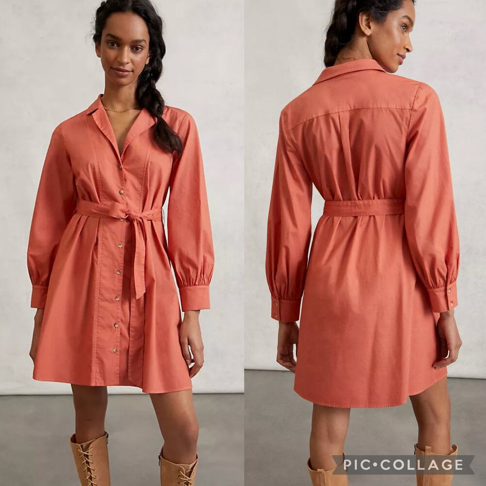 Anthropologie Amadi Red Long Sleeve Button Front Belted Mini Shirt Dress M NWT